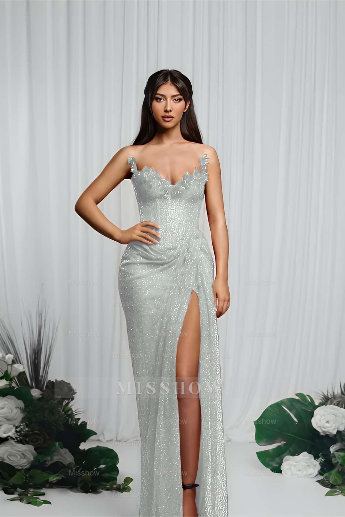 Strapless Sleeveless Mermaid Formal Dress With High Split Pleated