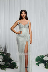 Strapless Sleeveless Mermaid Formal Dress With High Split Pleated