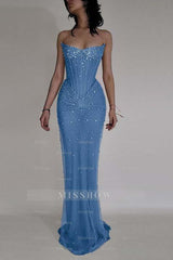 Strapless Sleeveless Mermaid Long Formal Dress With Beading Tulle