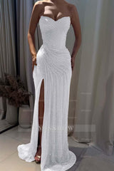 Strapless Sleeveless Mermaid Long Formal Dress With Split Pleated