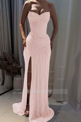 Strapless Sleeveless Mermaid Long Formal Dress With Split Pleated