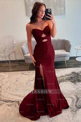 Strapless Sleeveless Mermaid Long Formal Dress With Split Sequins