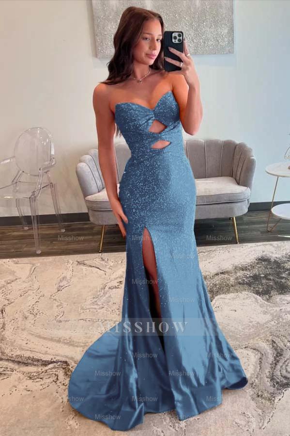 Strapless Sleeveless Mermaid Long Formal Dress With Split Sequins