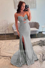 Strapless Sleeveless Mermaid Long Formal Dress With Split Sequins
