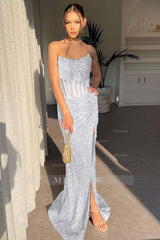 Strapless Sleeveless Mermaid Long Split Formal Dress With Sequins