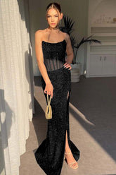 Strapless Sleeveless Mermaid Long Split Formal Dress With Sequins