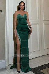 Strapless Sleeveless Mermaid Split Long Formal Dress With Beading