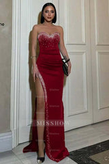 Strapless Sleeveless Mermaid Split Long Formal Dress With Beading