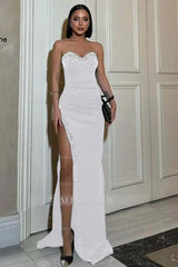 Strapless Sleeveless Mermaid Split Long Formal Dress With Beading