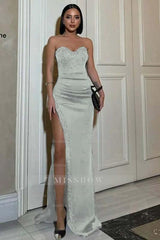 Strapless Sleeveless Mermaid Split Long Formal Dress With Beading