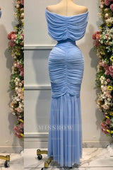 Strapless Sleeveless Off the Shoulder Long Formal Dress With Pleated