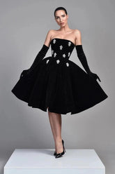 Strapless Sleeveless Rhinestone Floral Applique Velvet Corset A-Line Mini Party Dress