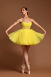 Strapless Sleeveless Ruffled Beaded Tulle Tutu A-Line Lace-Up Back Mini Party Dress