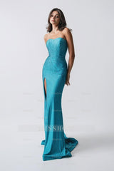 Strapless Sleeveless Sweetheart Long Split Formal Dress With Beading