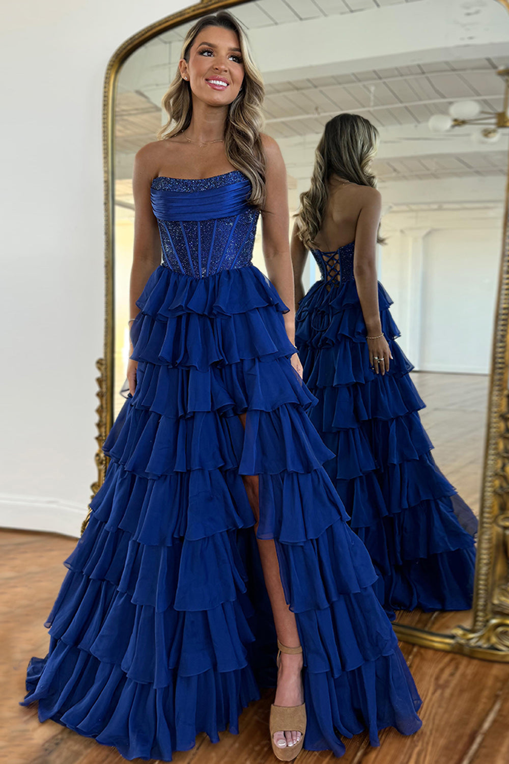 Strapless Sleeveless Tiered Chiffon A-Line Prom Dress Floor Length