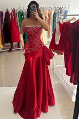 Strapless Straight Neck Crystal Trim Radial Silver Crystal Chain Starburst Beaded Corset Red Satin Oversized Bow Mermaid Evening Dress