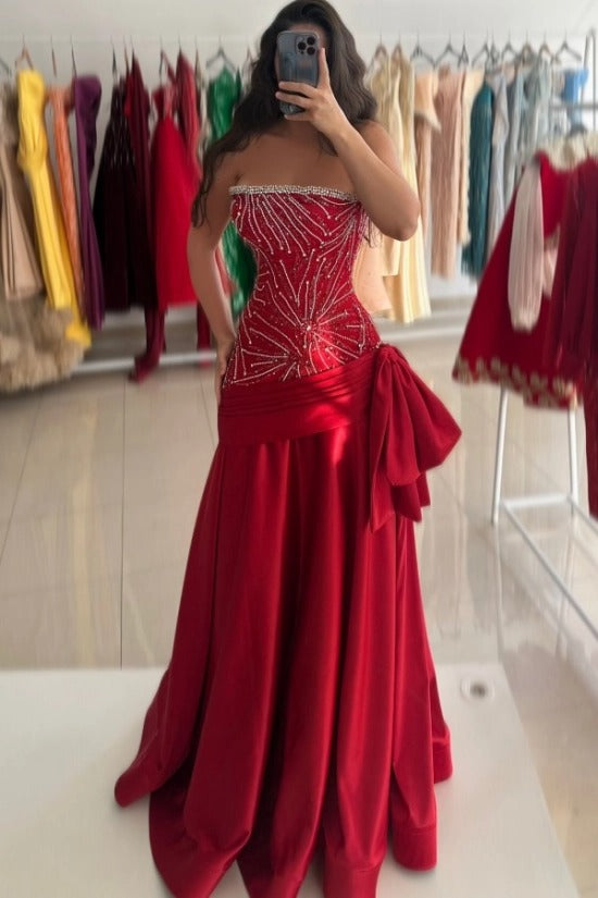 Strapless Straight Neck Crystal Trim Radial Silver Crystal Chain Starburst Beaded Corset Red Satin Oversized Bow Mermaid Evening Dress