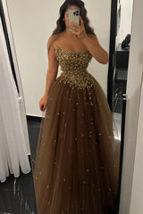 Strapless Straight Neck Gold Pearl Crystal Branch Vine 3D Sculptural Beaded Corset Starry Tulle A-Line Ball Gown Evening Dress