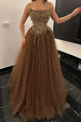 Strapless Straight Neck Gold Pearl Crystal Branch Vine 3D Sculptural Beaded Corset Starry Tulle A-Line Ball Gown Evening Dress