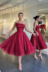 Strapless Straight Neck Sleeveless Sequined Boned Corset A-Line Tea Length Cocktail Dress
