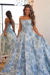 Strapless Sweetheart Beading Floral Jacquard Ball Gown Prom Dress Floor Length