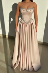 Strapless Sweetheart Crystal Pearl Double-Border Beaded Corset Pleated Satin A-Line Formal Evening Gown
