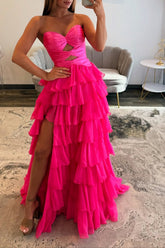 Strapless Sweetheart Cut-Out Tiered Ruffle Chiffon A-Line Prom Dress Lace-Up Back Floor Length