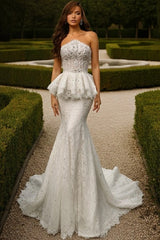 Strapless Sweetheart Dense Crystal Vine Illusion Corset Crystal Waist Double-Tier Scalloped Lace Peplum All-Over Sequin Lace Mermaid Wedding Dress Chapel Train