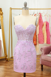 Strapless Sweetheart Floral Lace Applique Structured Corset Boning Lace-Up Open Back Bodycon Homecoming Dress Mini