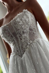 Strapless Sweetheart Fully Sheer Illusion Boned Corset 3D Floral Crystal Vine Iridescent Glitter Tulle A-Line Wedding Dress Chapel Train