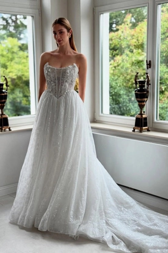 Strapless Sweetheart Fully Sheer Illusion Boned Corset 3D Floral Crystal Vine Iridescent Glitter Tulle A-Line Wedding Dress Chapel Train