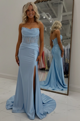 Strapless Sweetheart Illusion Lace Corset Beading Ruched Mermaid Prom Dress Side Slit Floor Length