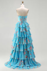 Strapless Sweetheart Rhinestone Beading Floral Print Illusion Corset Tiered Ruffle Chiffon A-Line Prom Dress Side Slit Floor Length