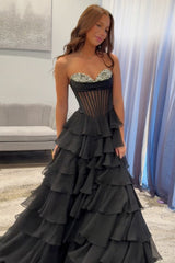 Strapless Sweetheart Rhinestone Beading Illusion Corset Tiered Ruffle Chiffon A-Line Prom Dress Side Slit Floor Length