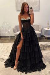Strapless Sweetheart Rhinestone Beading Illusion Corset Tiered Ruffle Chiffon A-Line Prom Dress Side Slit Floor Length