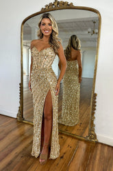 Strapless Sweetheart Sequin Beading Corset Mermaid Prom Dress High Slit Floor Length