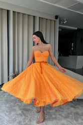 Strapless Sweetheart Sequined Glitter Tulle Ribbon Belt A-line Tea Length Party Dress