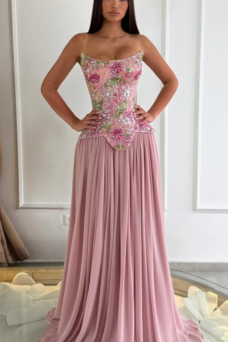 Strapless Sweetheart Sheer Boning Corset 3D Floral Sequin Pointed Basque Pleated Chiffon A-Line Prom Dress Floor Length
