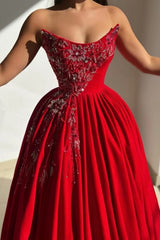 Strapless Sweetheart Silver Vine Bead Embroidery 3D Lace Floral Appliqué Corset Ultra-Full Pleated Satin Ball Gown Prom Dress