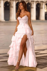 Strapless Sweetheart Sleeveless Long Formal Dress With Split Lace