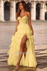 Strapless Sweetheart Sleeveless Long Formal Dress With Split Lace