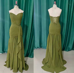 Strapless V Neck Sleeveless Long Formal Dress With Pleated Ruffle