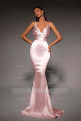 Strapless V Neck Sleeveless Long Mermaid Formal Dress With Pleated