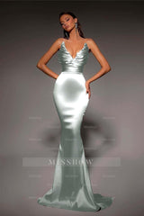 Strapless V Neck Sleeveless Long Mermaid Formal Dress With Pleated