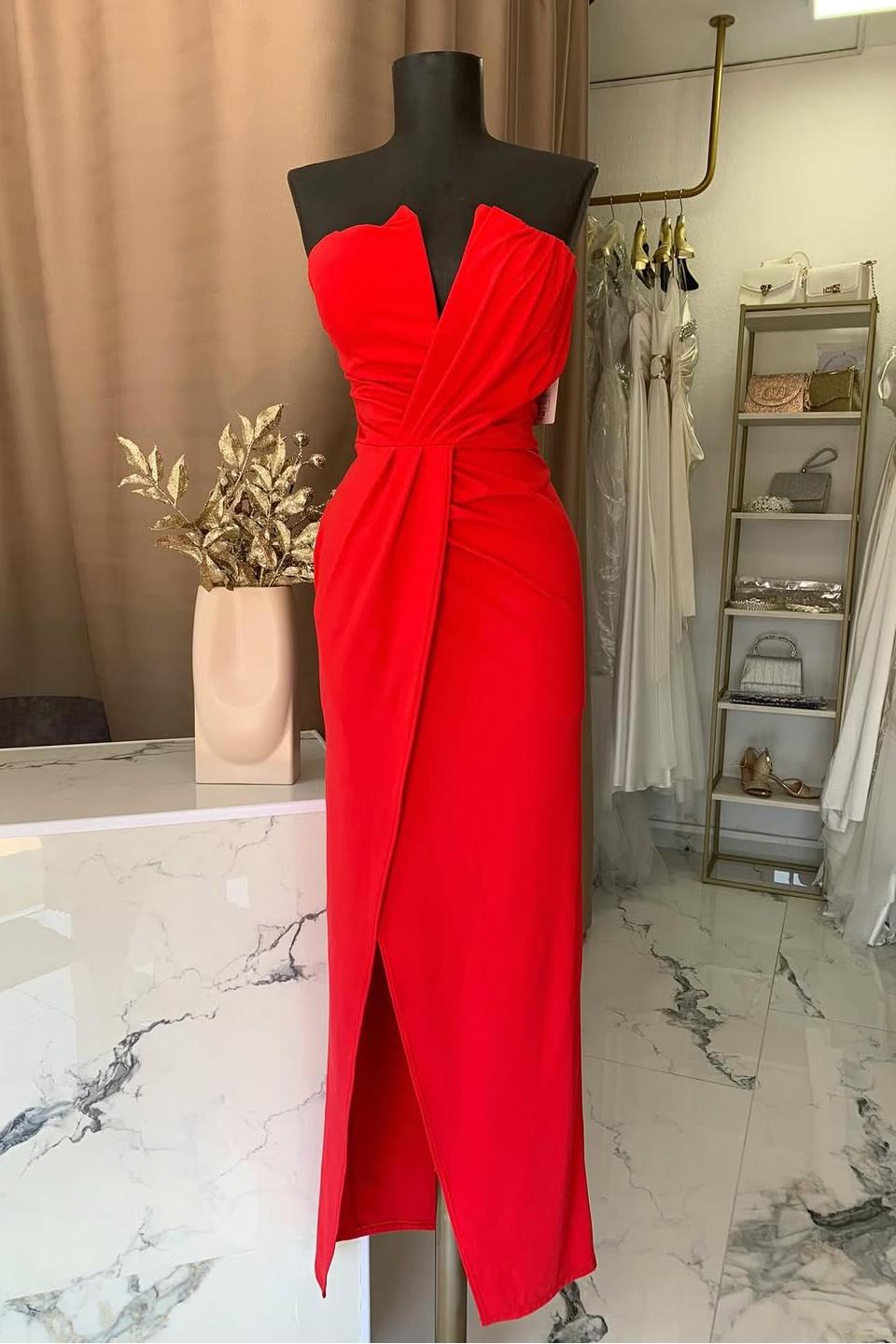 Strapless V Neck Sleeveless Long Split Formal Dress With Pleated