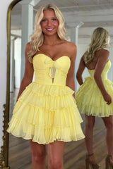 Strapless Sweetheart Tiered Ruffle Homecoming Dress Bow Detail Ruched Corset Open Back Short Mini