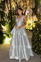 Straps Deep V Neck Sleeveless A Line Long Formal Dress With Pleated