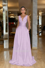 Straps Sleeveless High Waist Long Formal Dress With Pockets Pleated