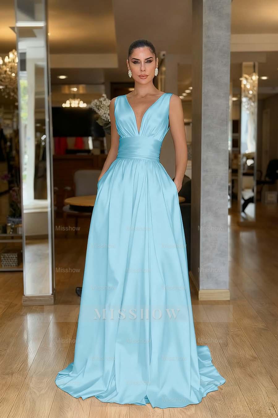 Straps Sleeveless High Waist Long Formal Dress With Pockets Pleated