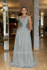 Straps Sleeveless High Waist Long Formal Dress With Pockets Pleated